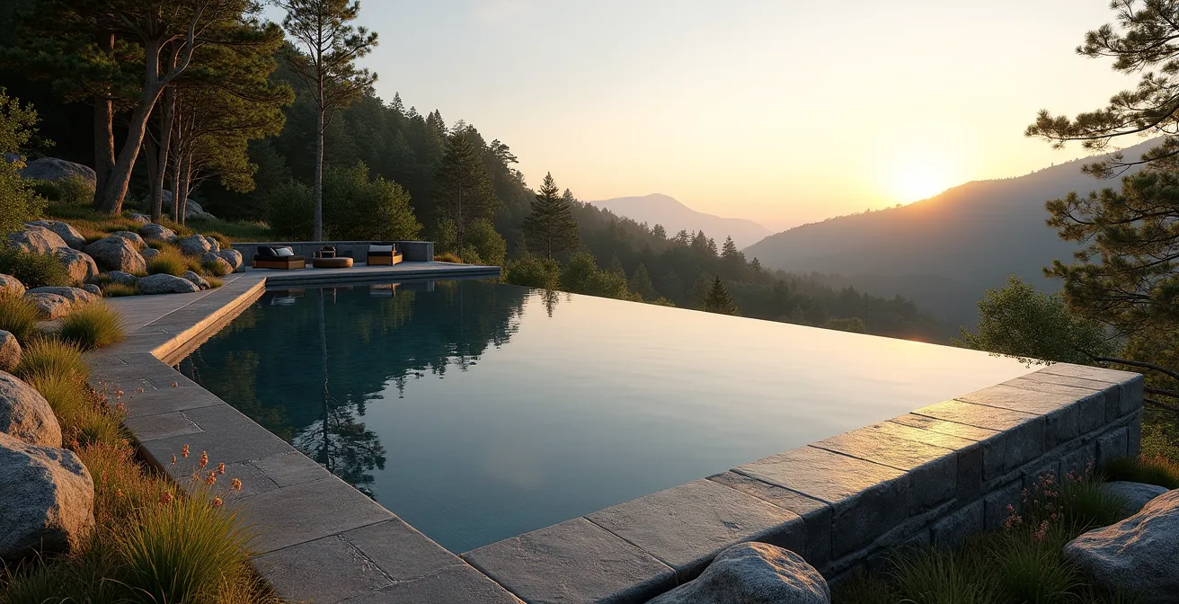 Piscine à débordement avec liner sombre reflétant le ciel et la végétation environnante, margelles en pierre naturelle