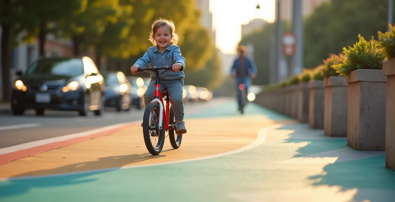 Enfant de 8 ans pédalant sereinement sur une piste cyclable protégée avec séparation physique