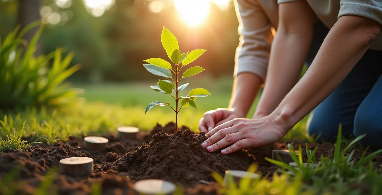 Photographie d'une famille plantant un jeune arbre lors d'une cérémonie de naissance dans un jardin verdoyant