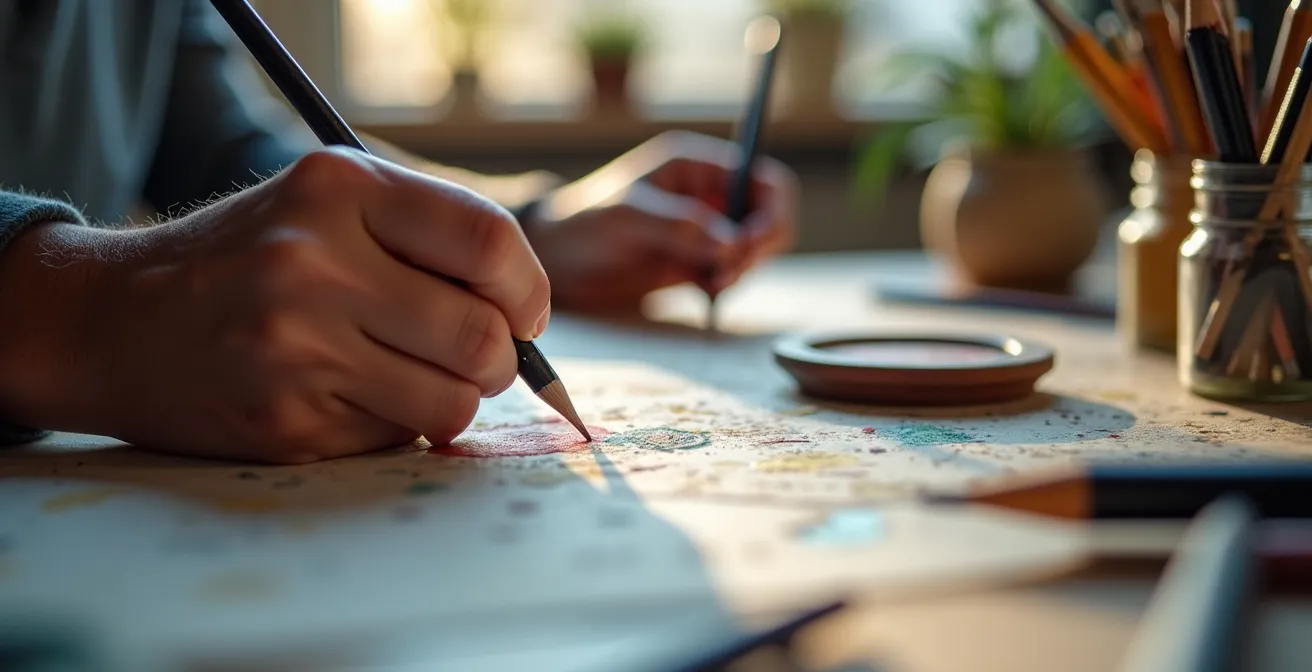 Mains d'artiste travaillant sur une création avec outils professionnels en premier plan