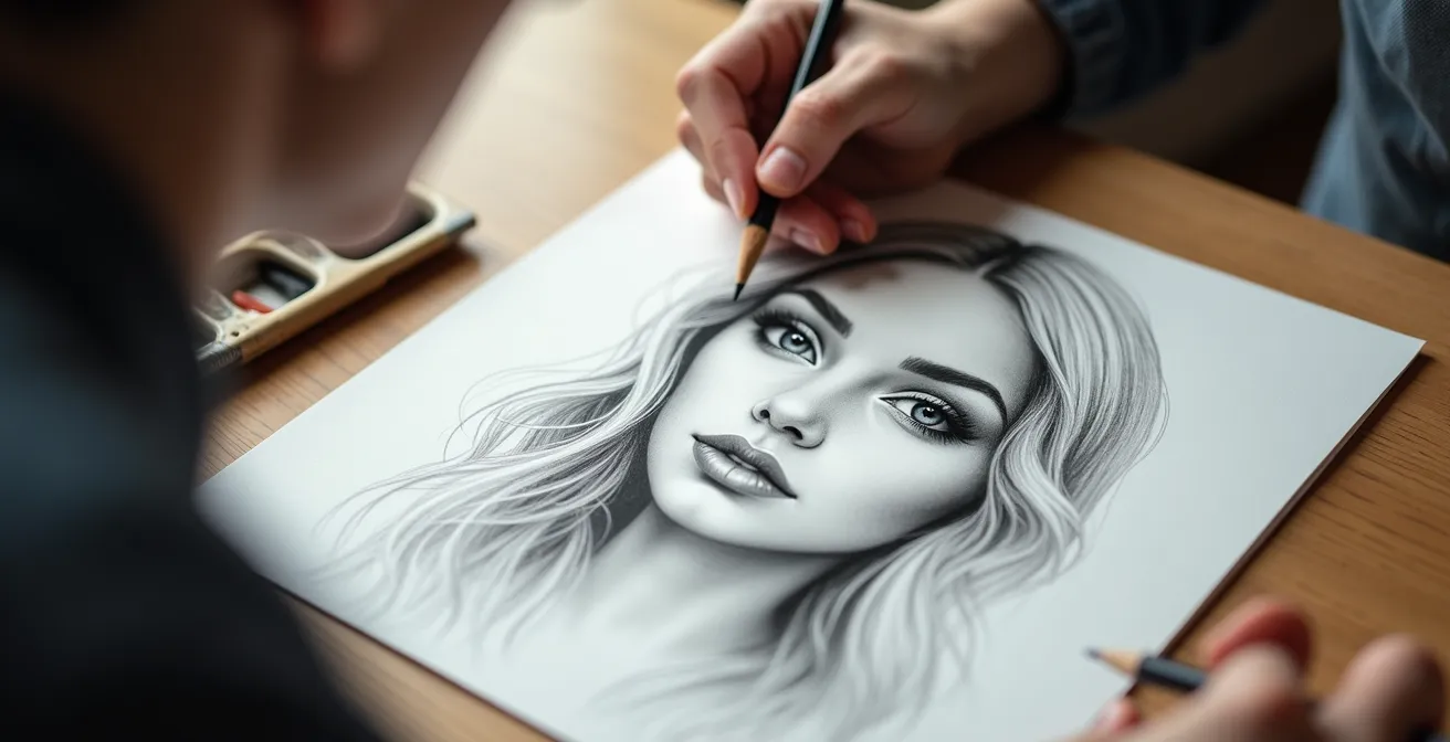 Portrait à différents stades de finition montrant l'équilibre entre zones détaillées et zones suggérées