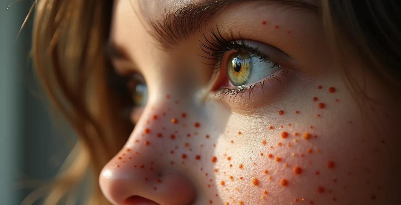 Portrait macro révélant la beauté des taches de rousseur avec un éclairage sculptural