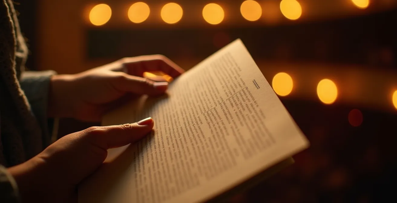 Gros plan sur des mains tenant un programme d'opéra éclairé par une lumière dorée dans l'obscurité d'une salle