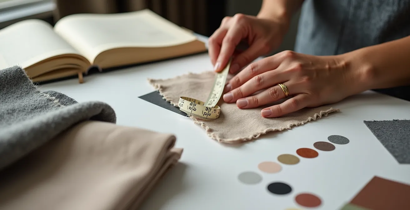 Vue macro d'un carnet de style ouvert avec échantillons de tissus et palette de couleurs