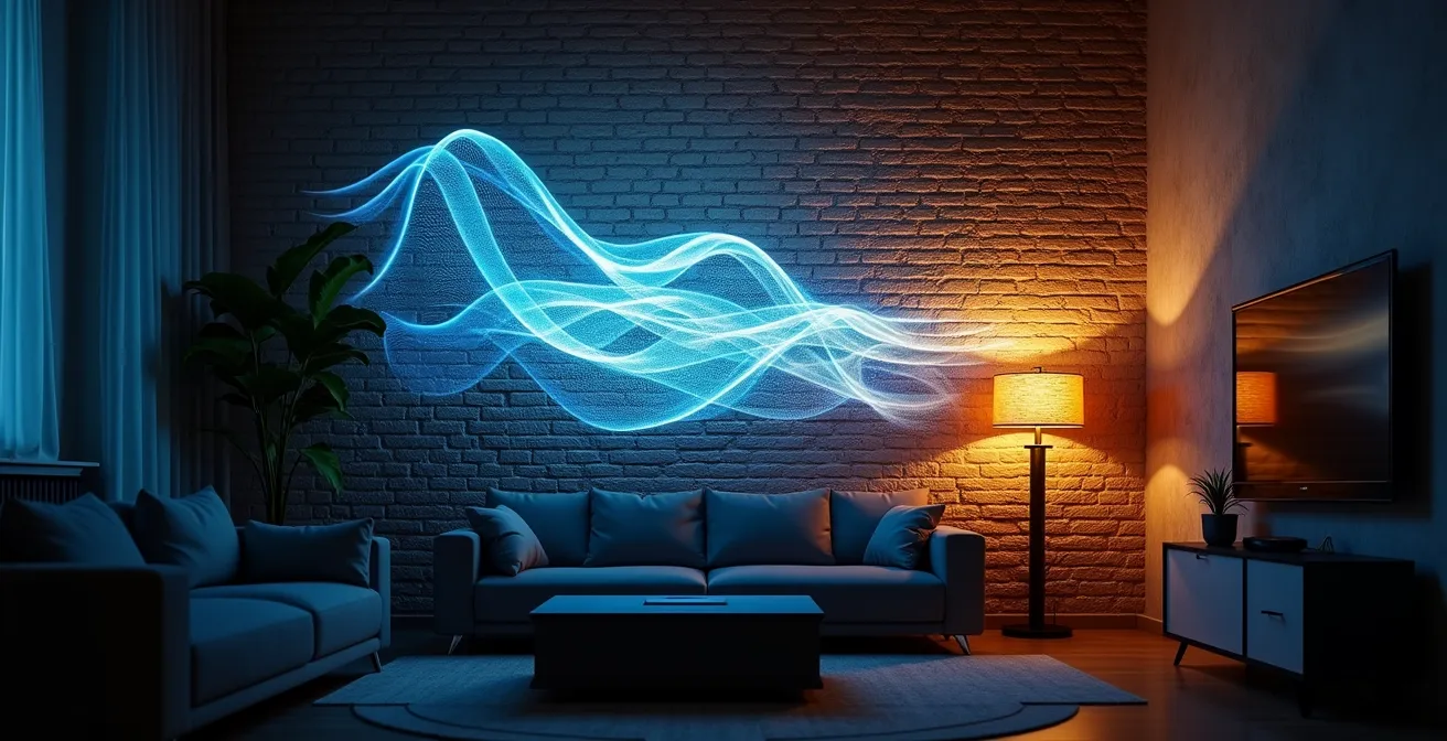 Projection artistique sur mur texturé créant une fresque lumineuse immersive