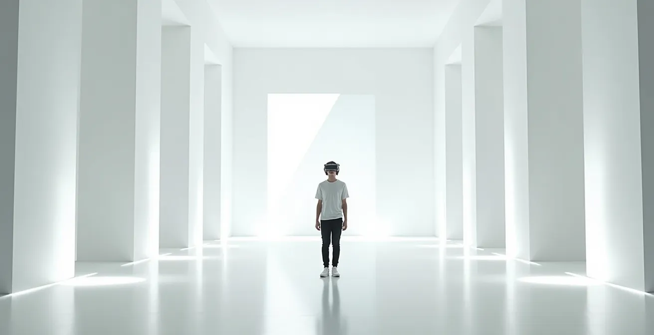 Personne portant un casque VR dans un espace minimaliste avec des projections lumineuses évoquant une architecture antique
