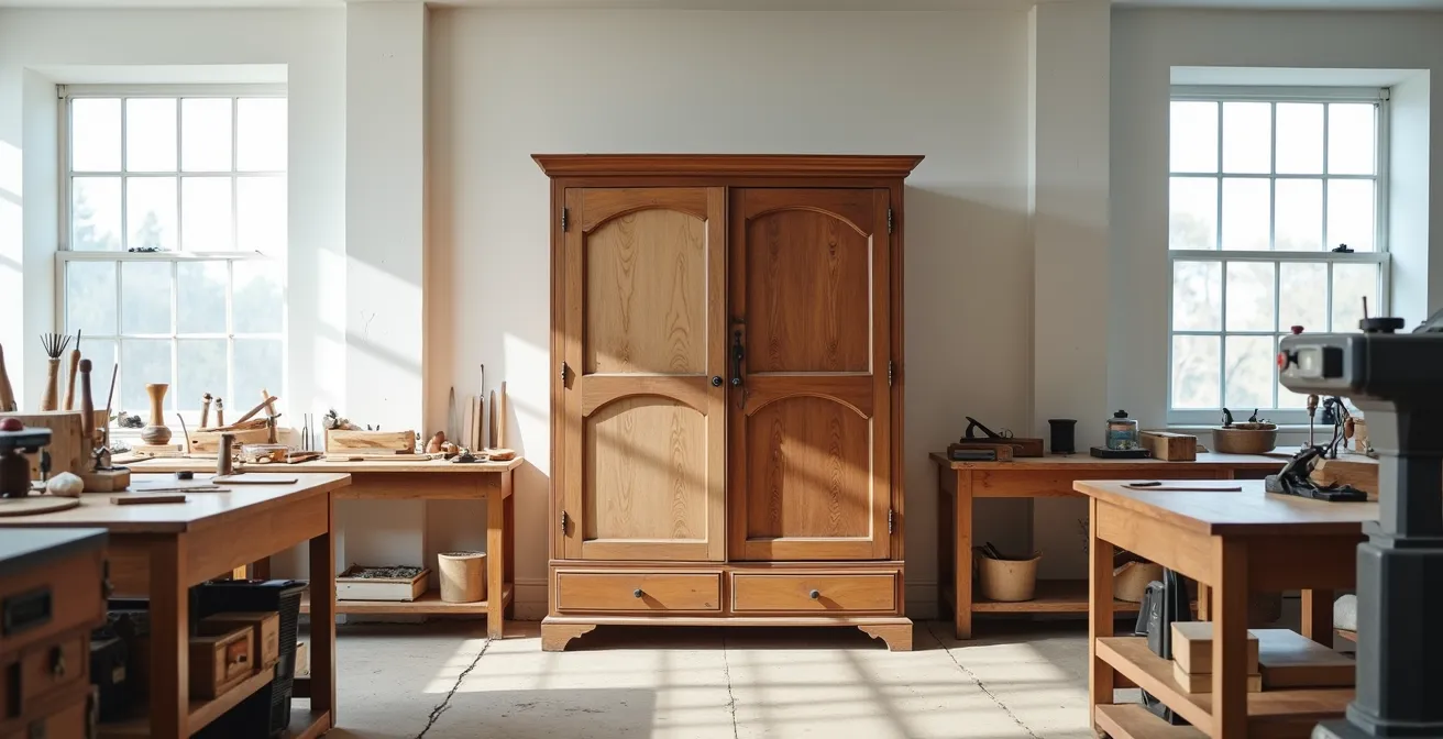 Atelier de restauration avec outils traditionnels et meuble ancien en cours de rénovation