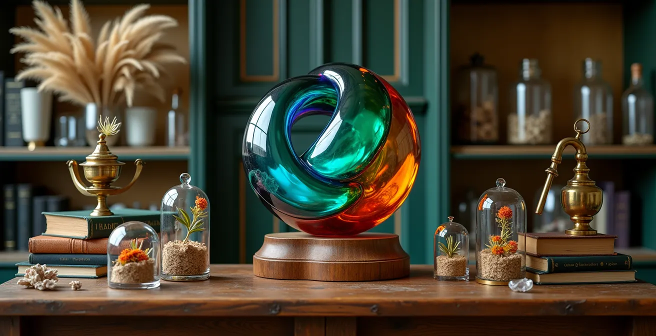 Sculpture colorée au centre d'un cabinet de curiosités contemporain