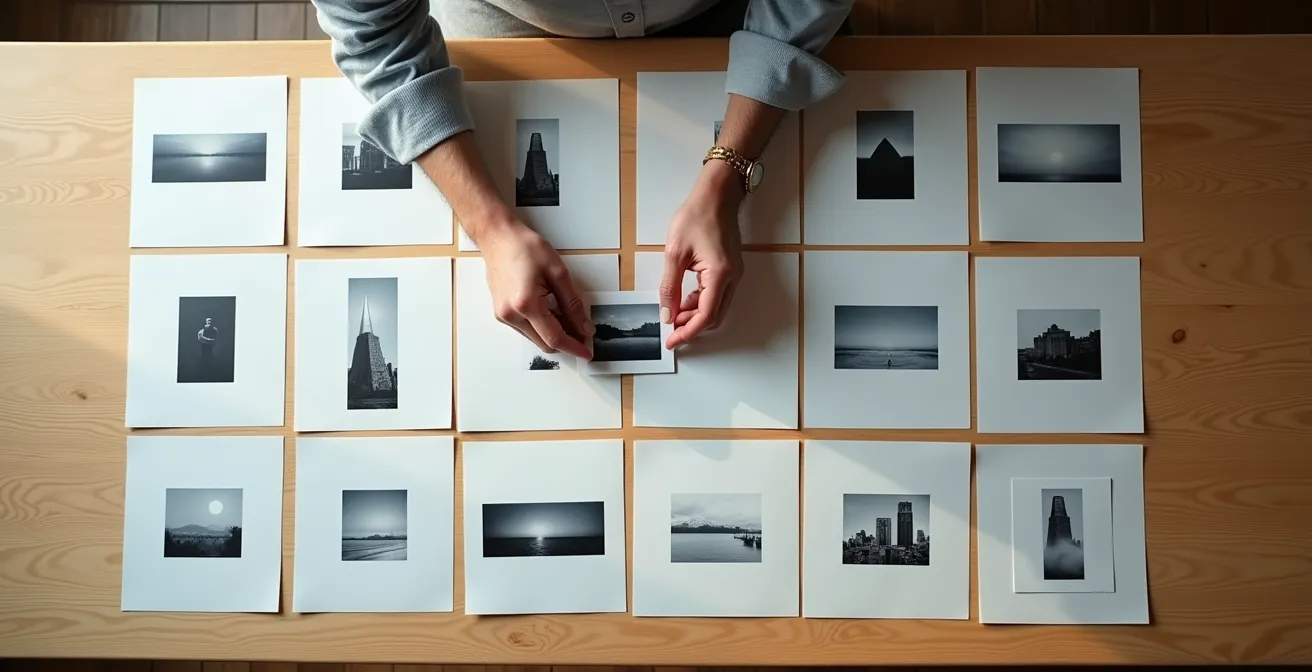 Table de travail avec tirages photographiques disposés pour créer une narration visuelle cohérente