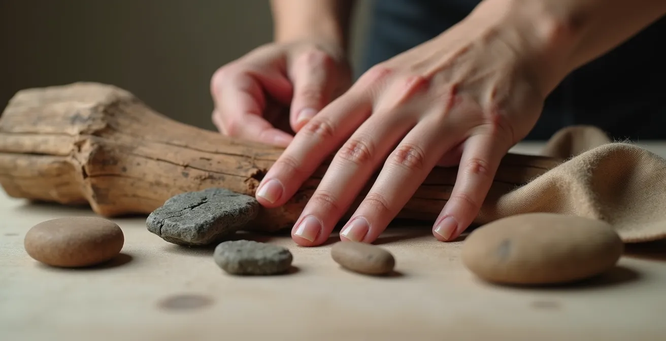 Gros plan sur des mains explorant différentes textures de matériaux bruts dans une station de manipulation