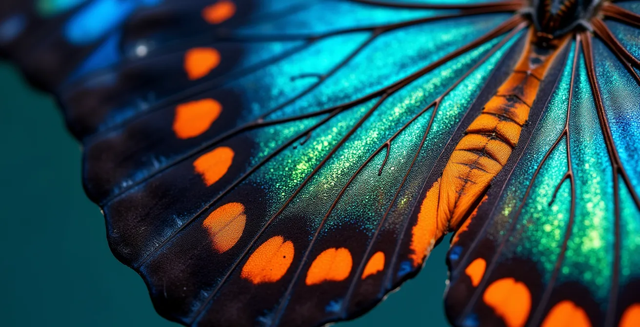 Gros plan sur des ailes de papillon Morpho montrant la coexistence naturelle de couleurs saturées
