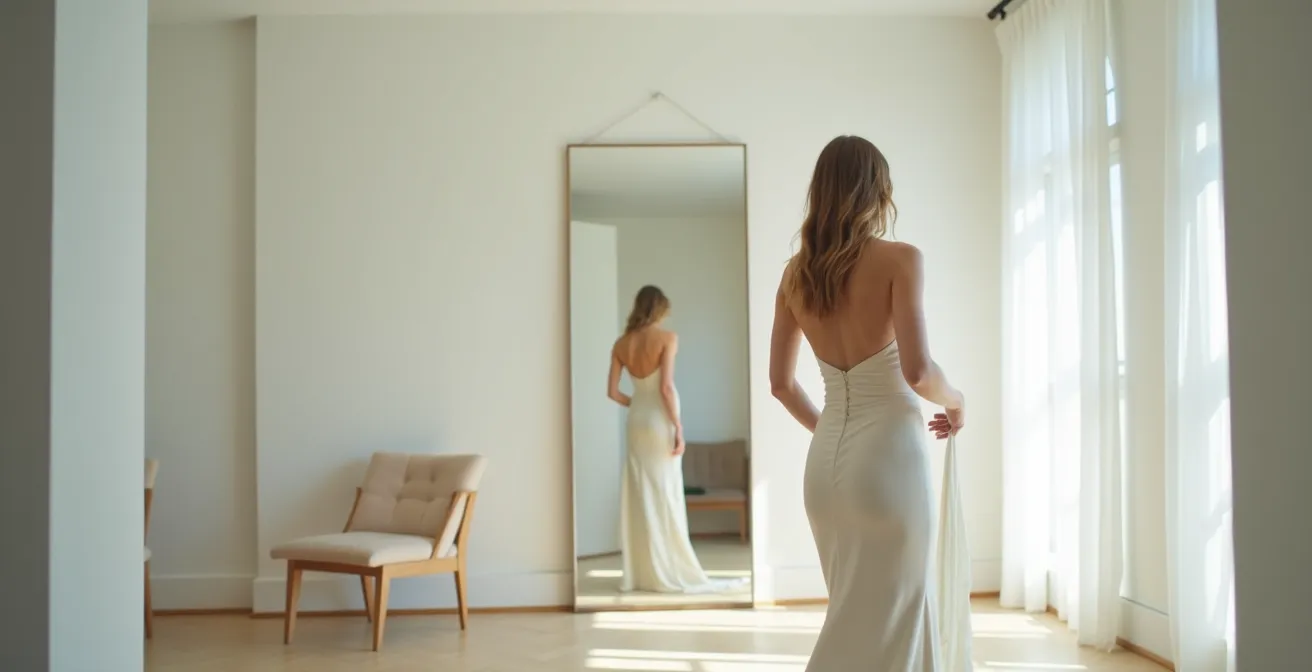 Femme essayant une robe ajustée devant un miroir pour observer le comportement du tissu