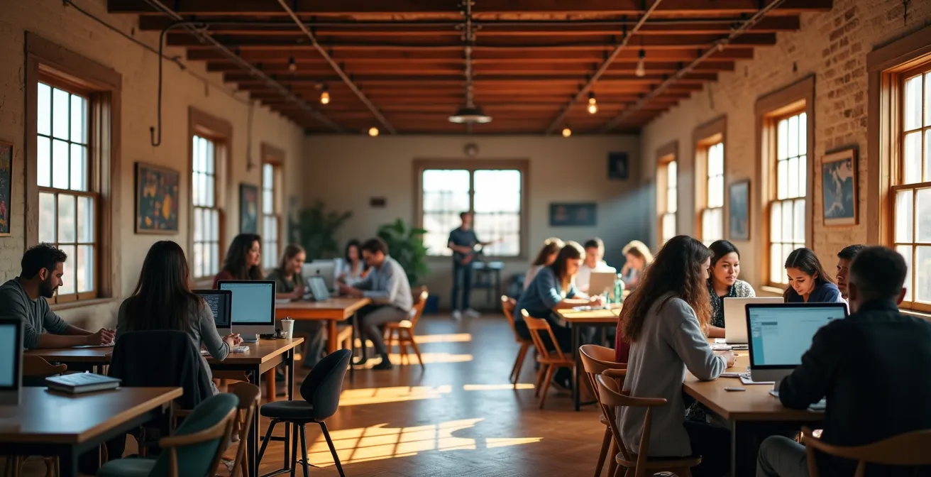 Espace de coworking dans un ancien moulin rénové avec résidents créatifs travaillant, galerie d'art locale et café culturel animé