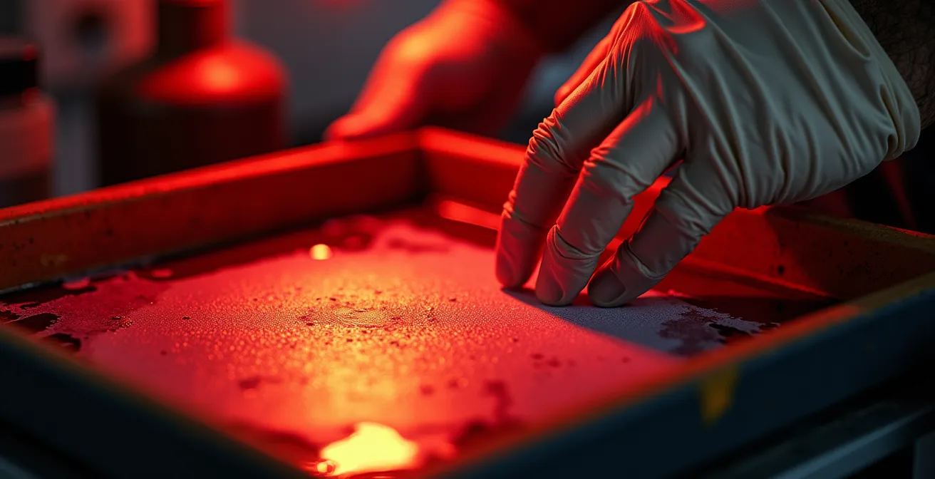 Mains d'artisan travaillant un tirage baryté dans une chambre noire éclairée en lumière rouge