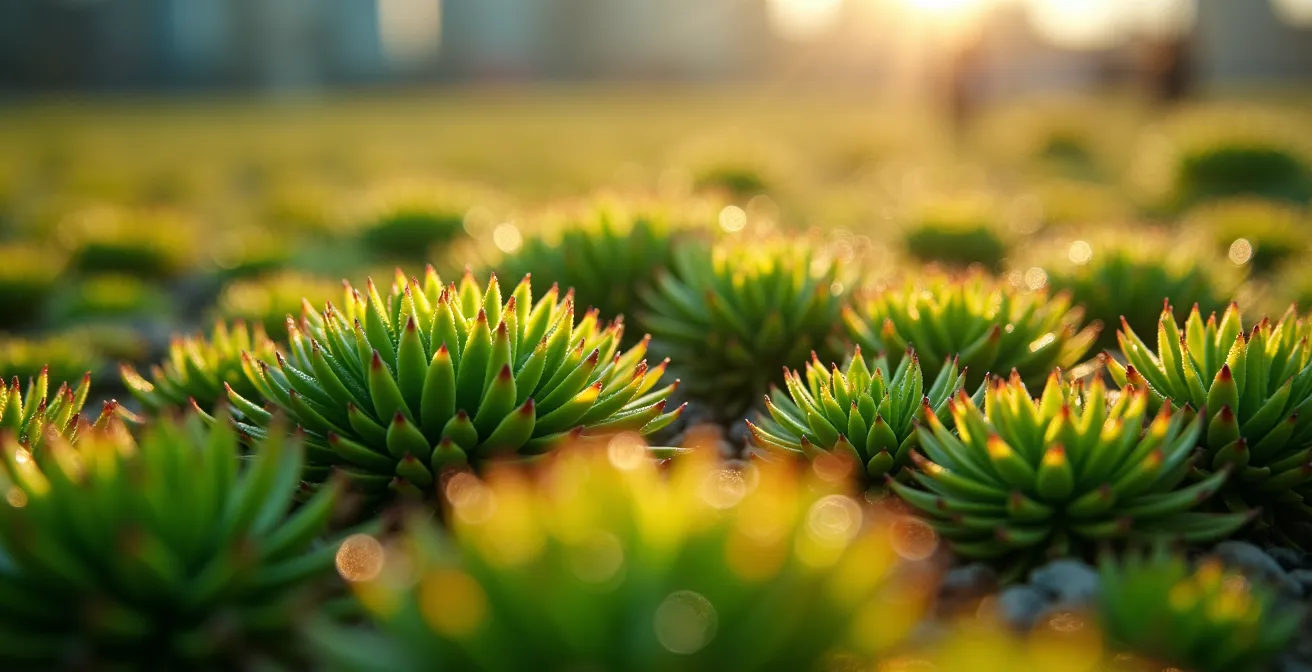 Gros plan sur un toit végétalisé extensif avec des sédums colorés et des graminées créant un écosystème autonome