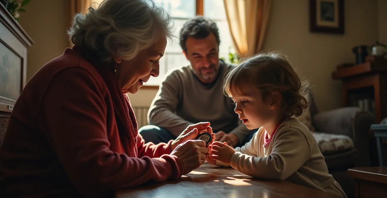 Trois générations réunies autour d'objets familiaux anciens dans un salon chaleureux