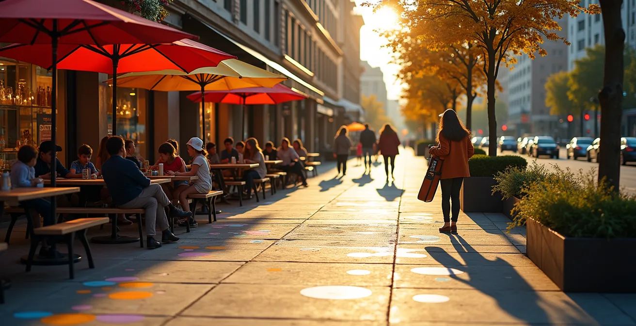 Trottoir animé de 2 mètres avec terrasses de café, musiciens de rue et familles flânant devant les vitrines