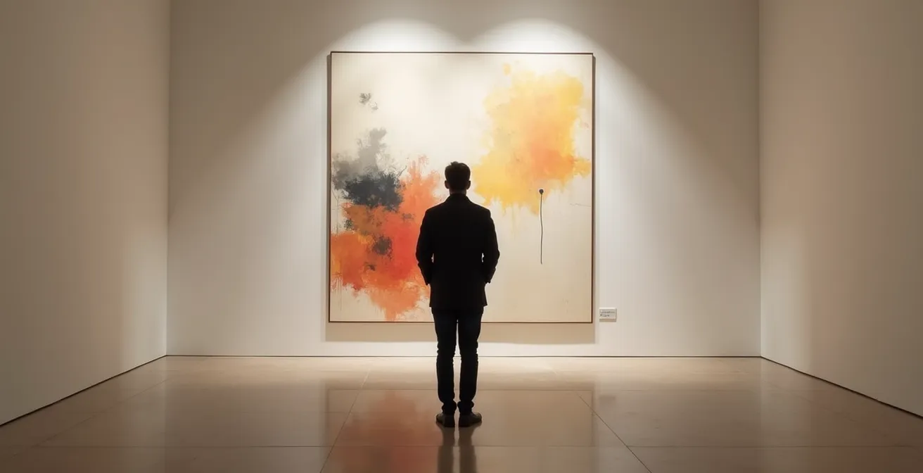 Visiteur solitaire contemplant une œuvre lors d'une rétrospective